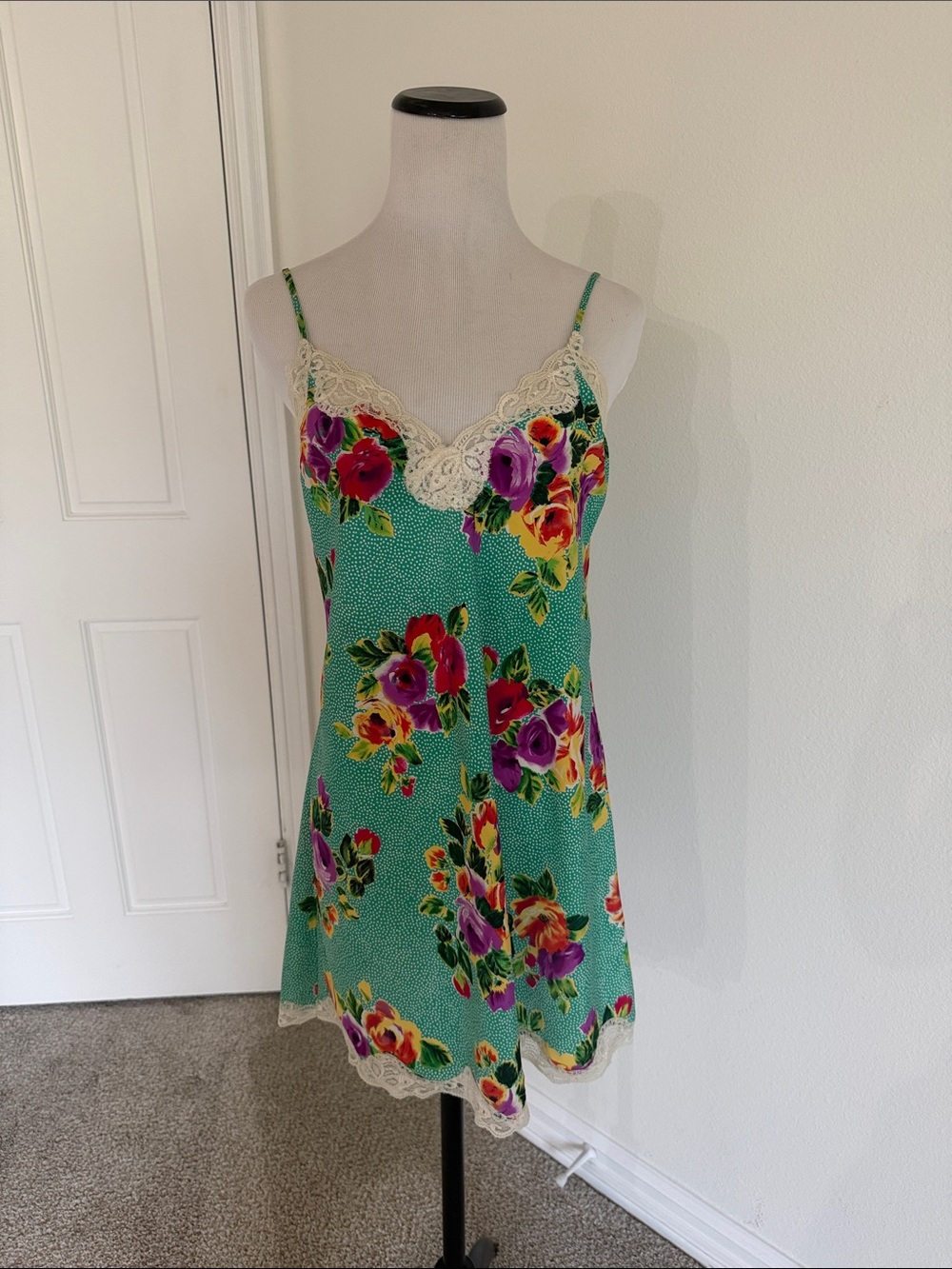 Victoria's Secret Vintage Turquoise Floral Lace-Trim Slip
